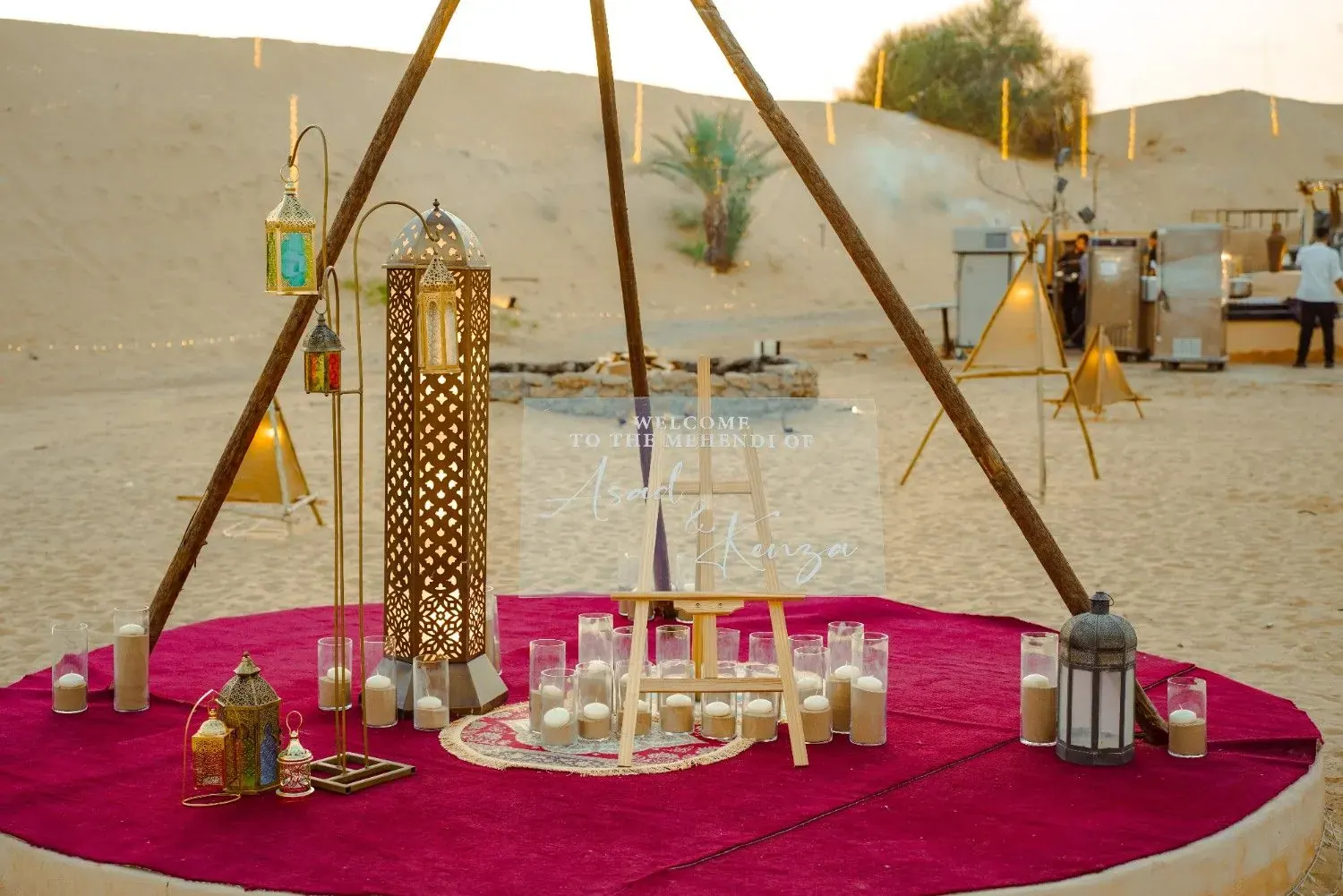 Evening lighting design for a desert wedding stage in Al Khatim