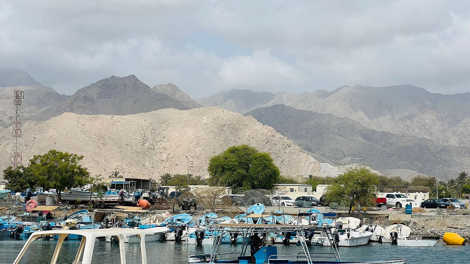 Fishing boats in Fujairah harbour with the Hajar mountains behind