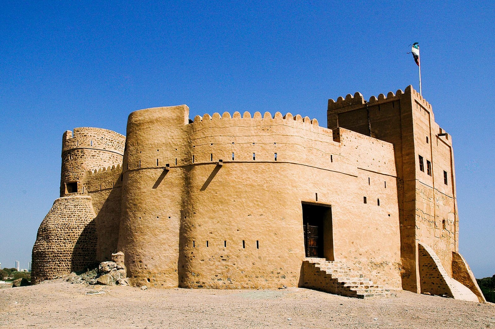 Fujairah Fort, a mud-brick fortress with towers